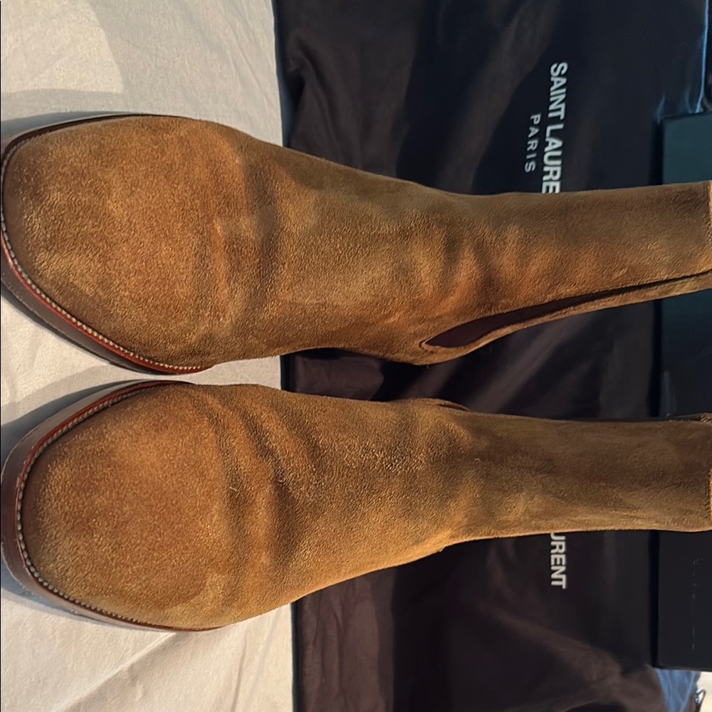 Saint Laurent Tan Heeled Boots Suede Chelsea